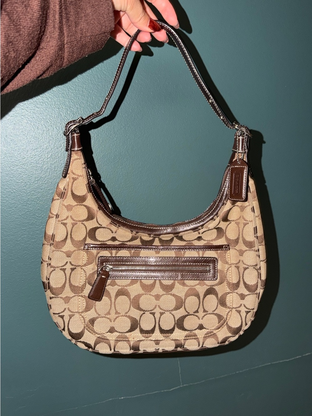 Coach Brown Signature Canvas Shoulder Bag with Dark Brown Trim